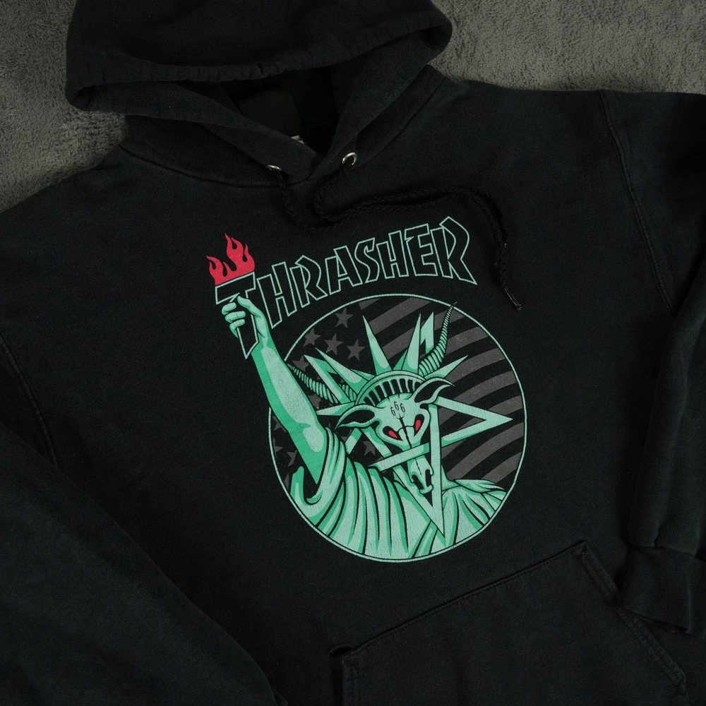Thrasher Hoodie Mens Small Black 666 Liberty Goat Baphomet Graphic Pullover Y2K